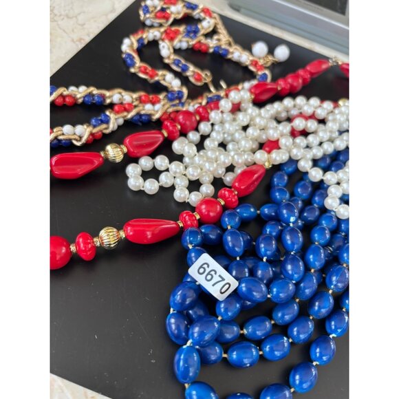 Vintage Multi-Strand Beaded Necklaces Set - Red White & Blue Faux Pearl & Gold-T - Picture 4 of 10